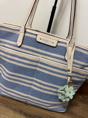 Rosetti Nautical Blue & White Striped Canvas Tote Bag with Floral Charm